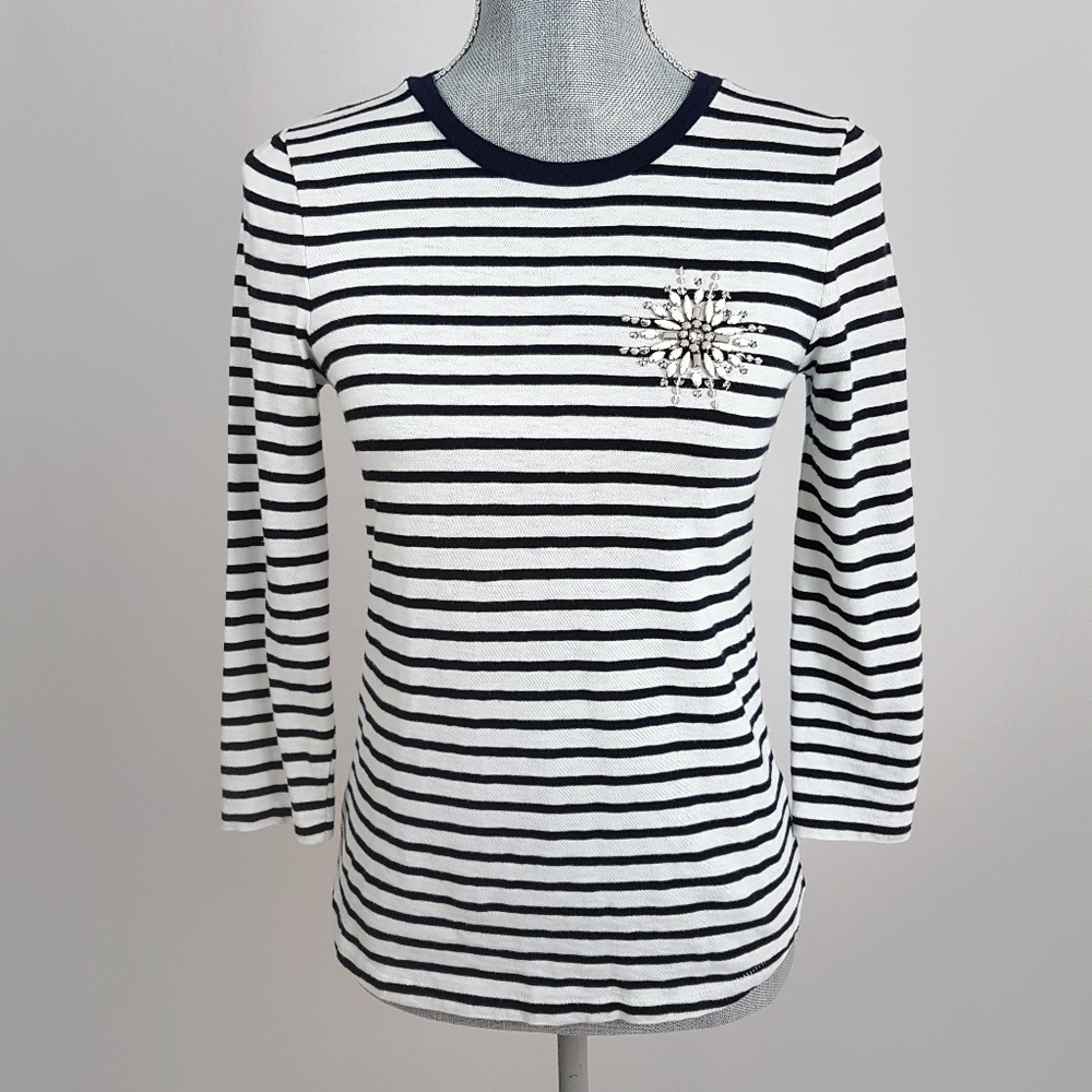 J. Crew Stripe Painter Tee with Jeweled Brooch XS